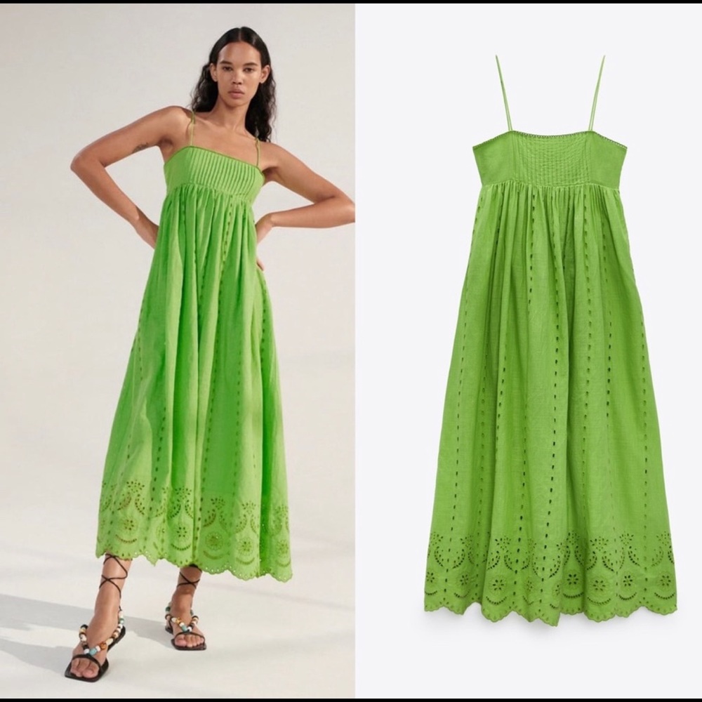 NWT ZARA Openwork Eyelet Maxi Dress XS Green